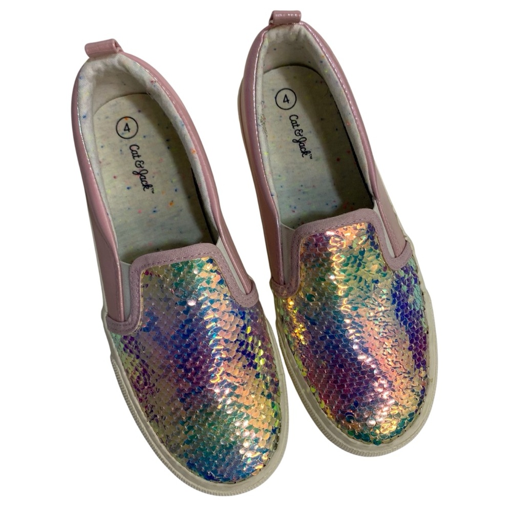 Cat & Jack Shoes Pink Multicolor Sequin Kids Sneakers Size 4 Slip-on Rainbow